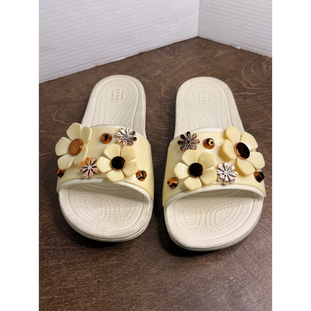 Crocs Sloane Metal Blooms Slide Sandals Womens 8 cream Ffloral copper rose-gold